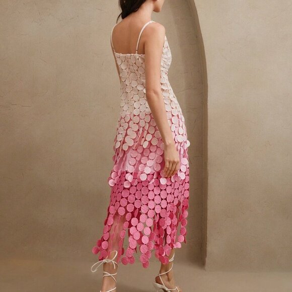 Pink Elegant Women's Round Tassel Hollow Out Embroidery High Waist Slip Dress - Picture 2 of 8